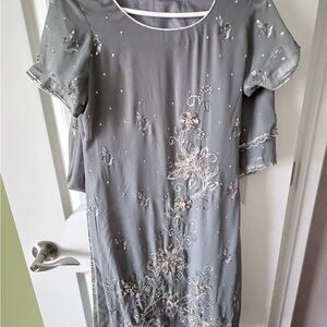 Elegant Gray Embellished Shalwar kameez with rhinestones and embroidery.